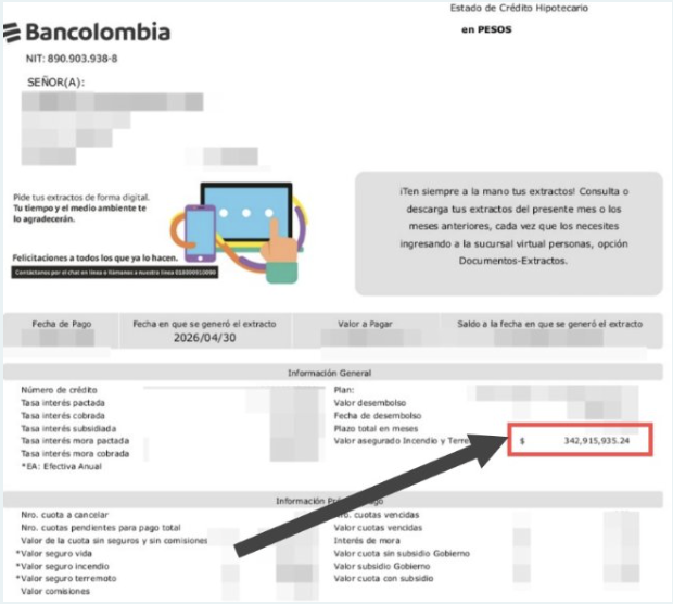 Ejemplo: dónde encontrar el valor asegurado de Incendio y Terremoto en un extracto de Bancolombia